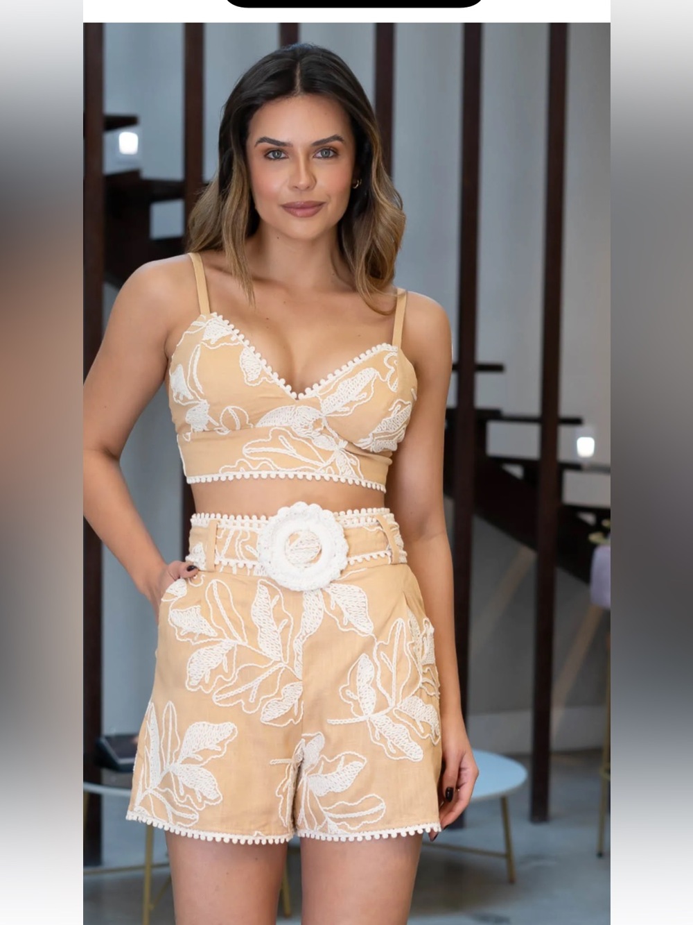 Embroidered Cream Bandeau Crop Top & Shorts Set